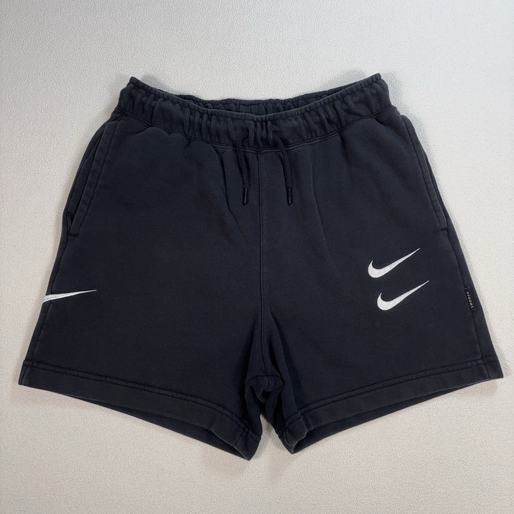 Nike Double Swoosh French Terry Shorts Men's S Black Drawstring Snap Pocket Y2K